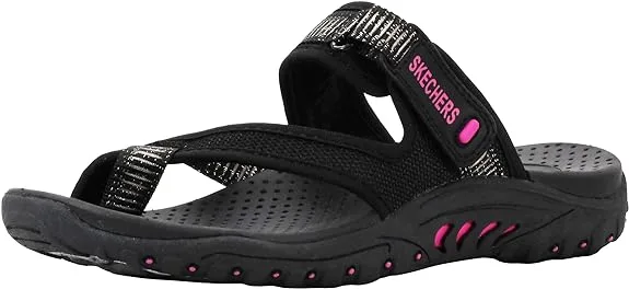 A black Skechers sports sandals with pink accents, ideal for those with Morton's neuroma or plantar fasciitis.